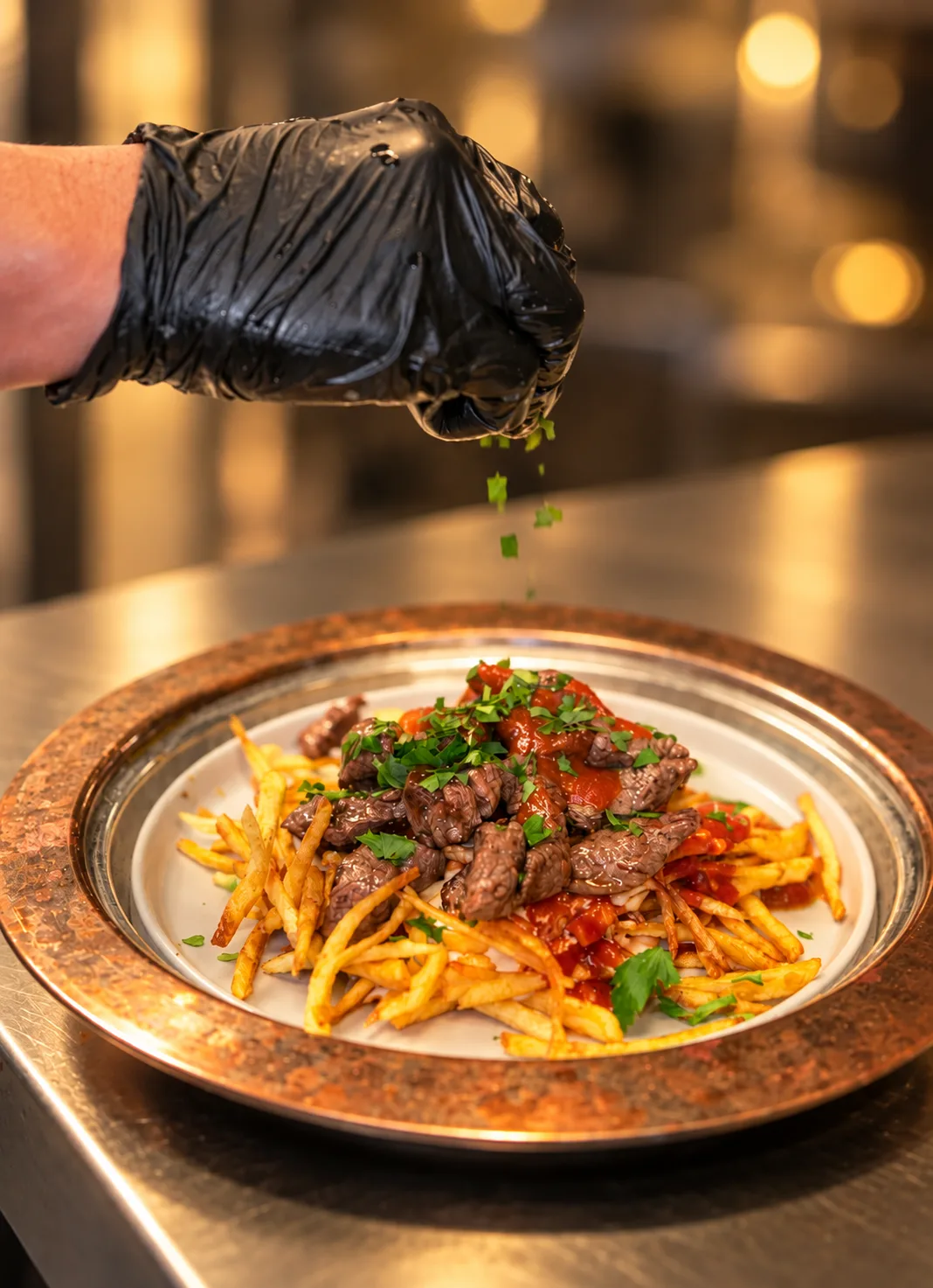 Cokertme kebab over crispy shoestring potatoes